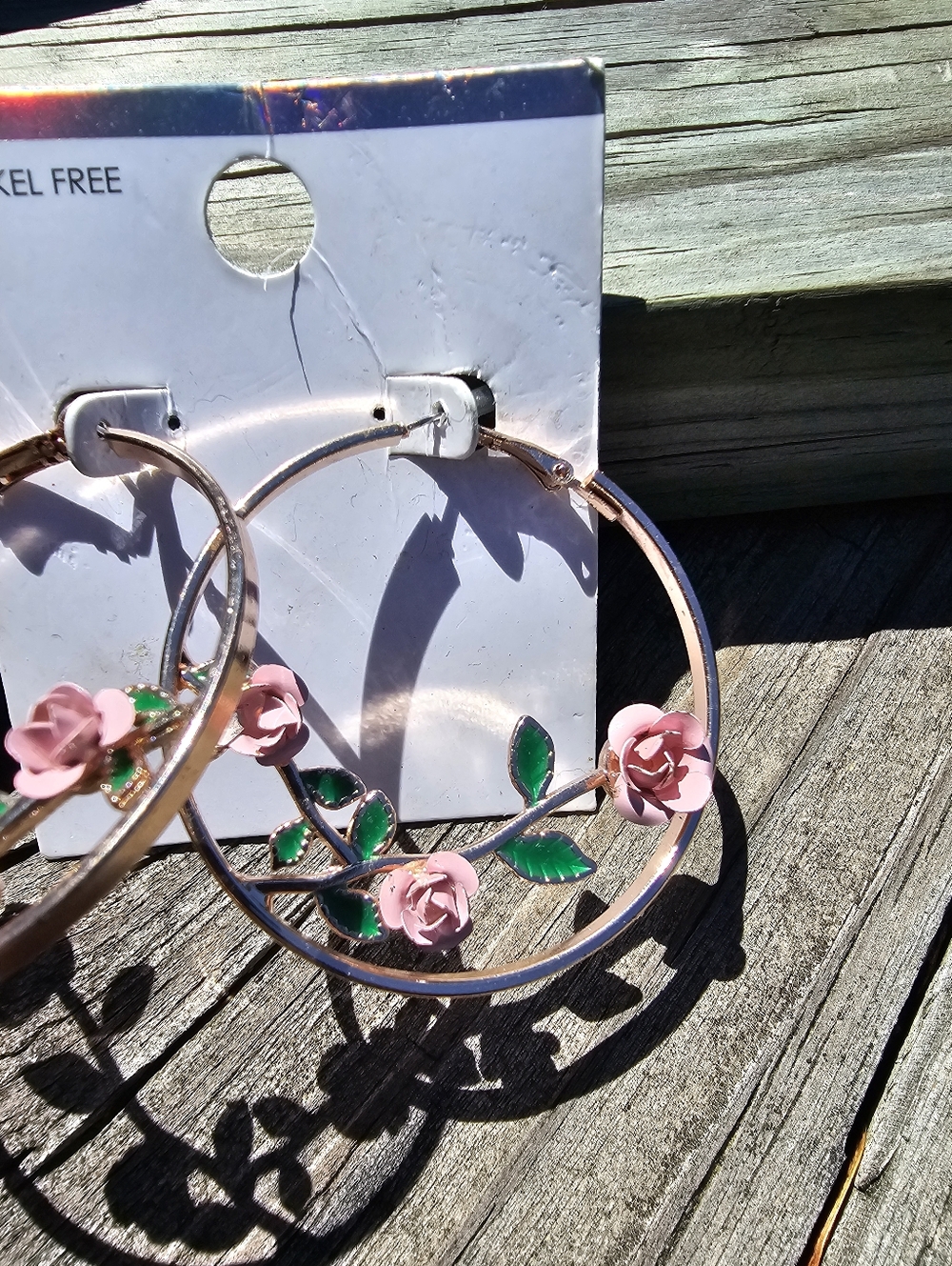 Rose Gold Floral Hoop Earrings Pink Rose Green Leaf Nickel Free NWT - Picture 9 of 10